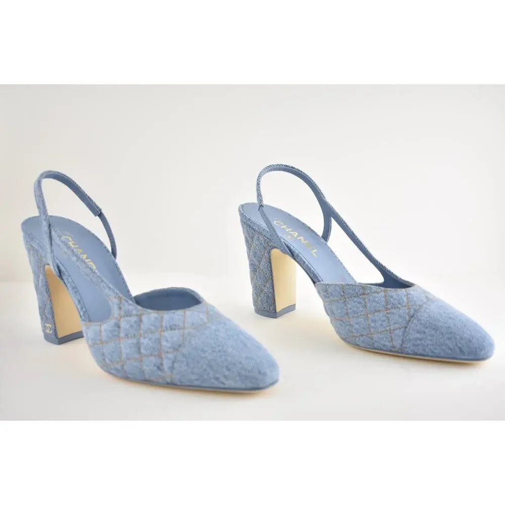 Chanel 26B Light Blue Denim Quilted Coco Sling Slingback Block Heel Pump 38.5c